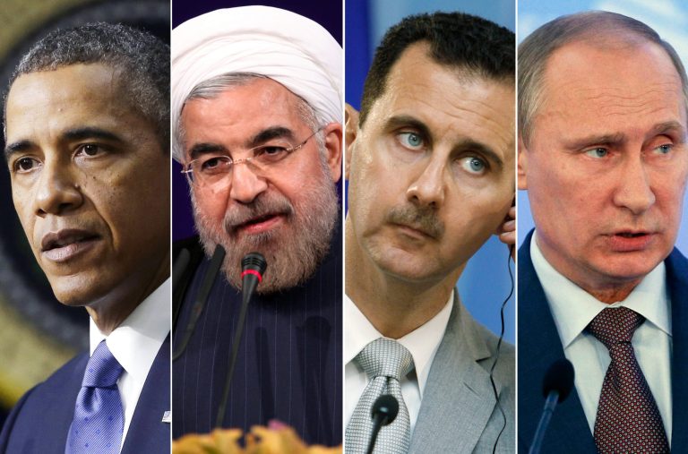   This combination made with file photos shows, from left, President Barack Obama, Iranian President Hasan Rouhani, Syrian President Bashar Assad, and Russian President Vladimir Putin. After years of estrangement, the United States and Russia are joined as partners in a bold plan to rid Syria of chemical weapons. More surprising yet, American and Iranian leaders _ after an exchange of courteous letters _ may meet in New York for the first time since the Islamic revolution swept Iran nearly 35 years ago. (AP File Photos)  