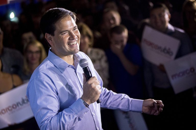 Republican presidential candidate, Sen. Marco Rubio, R-Fla., speaks during a rally at Town Hall in Cleveland, Wednesday, before Thursday's first GOP presidential debate being held at the Quicken Loans Arena. (AP Photo/Andrew Harnik)