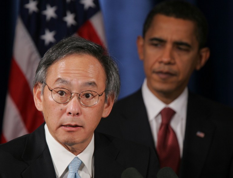 President-elect Barack Obama listens as Energy Secretary nominee Steven Chu addresses the media at a news conference in Chicago, Monday, Dec. 15, 2008. (AP Photo)