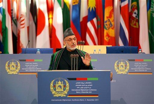 The President of Afghanistan, Hamid Karzai, delivers his speech at the International Afghanistan Conference in Bonn, Germany Monday Dec. 5, 2011. A decade after the first Afghanistan conference the international community discusses the future of its engagement in Afghanistan. 