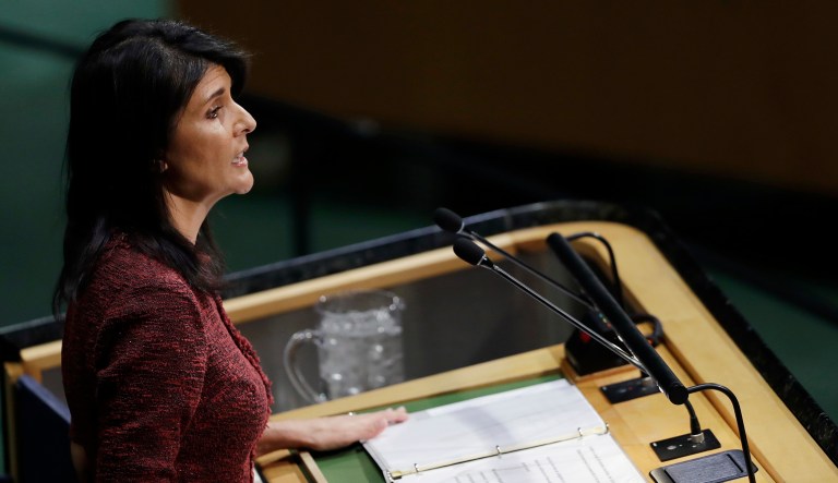 U.S. Ambassador to the United Nations Nikki Haley speaks at the U.N. General Assembly. President Trump's threat to cut off U.S. funding to countries that oppose his decision to recognize Jerusalem as Israel's capital has raised the stakes in Thursday's U.N. vote and sparked criticism of his tactics. (AP Photo/Mark Lennihan)