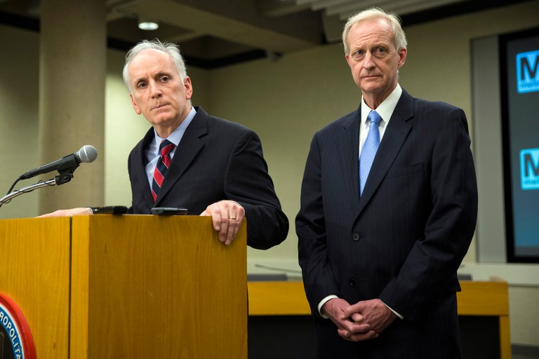 DC Council Member Jack Evans, right, and Metro General Manager Paul Wiedefeld lduring a news conference. Evans warned Congress that the next time Metro suffers a safety emergency, 