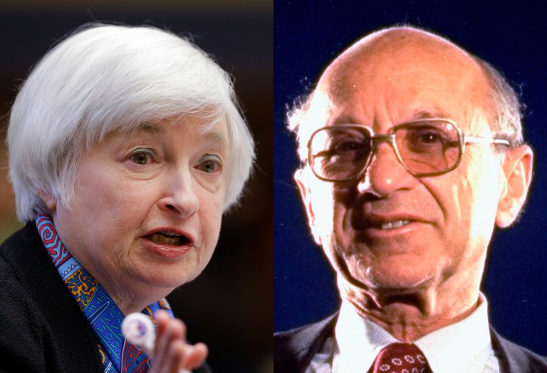 Federal Reserve Chairwoman Janet Yellen sided with the late Milton Friedman and against her colleagues Wednesday in one of the major debates within the central bank as it weighs when to raise interest rates. (AP Photos)