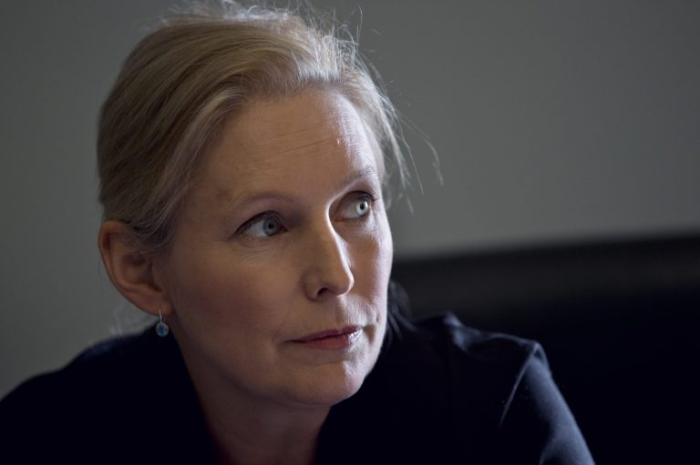 Sen. Kirsten Gillibrand, D-N.Y., poses for a portrait after speaking about military sexual assaults, during an interview in her office on Capitol Hill in Washington, Thursday, April 30, 2015. (AP Photo/Jacquelyn Martin)