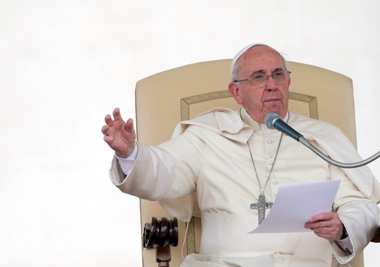 Pope Francis delivers his speech during his weekly general audience in St. Peter's Square at the Vatican, Wednesday, May 7, 2014. (AP Photo/Alessandra Tarantino)