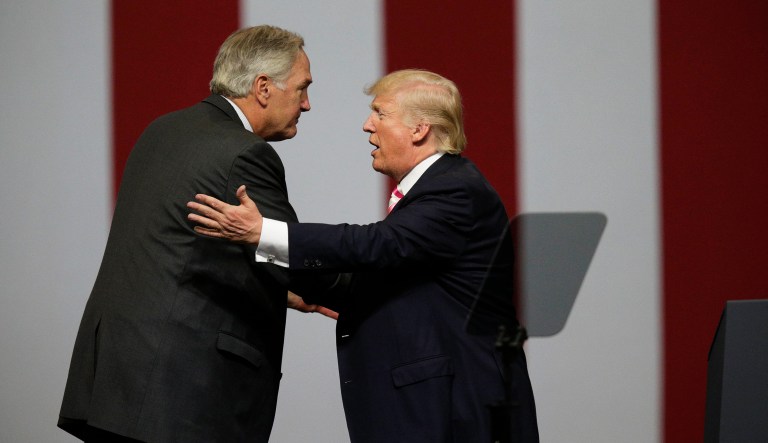 President Donald Trump speaks at campaign rally in support of Sen. Luther Strange, Friday, Sept. 22, 2017, in Huntsville, Ala. (AP Photo/Brynn Anderson)