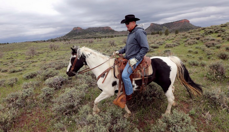Interior Secretary Ryan Zinke rides a horse in the new Bears Ears National Monument near Blanding, Utah. A leaked memo from Zinke to President Trump recommends that two Utah monuments -- Bears Ears and Grand Staircase Escalante -- be reduced, along with Nevada's Gold Butte and Oregon's Cascade-Siskiyou. (Scott G Winterton/The Deseret News via AP, File)