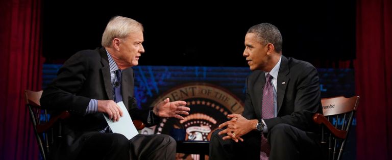 President Obama is interviewed by Chris Matthews for his show 'Hardball' on MSNBC at American University in Washington DC. (Photos by Charles Ommanney/ Reportage by Getty Images)