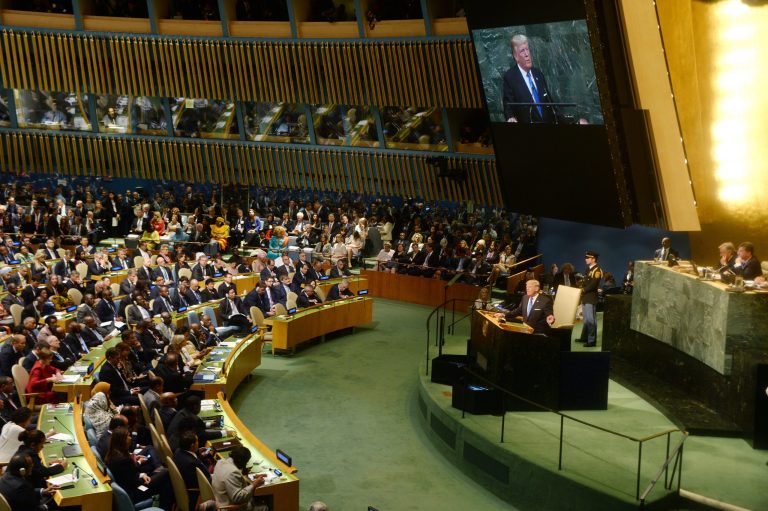 President Trump speaks to world leaders at the 72nd United Nations General Assembly at UN headquarters in New York on Sept. 19 in New York City. (MediaPunch/IPX via AP Images)