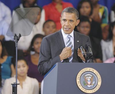 President Obama delivers his back-to school speech at Benjamin Banneker Academic High School in Washington on Wednesday.-Susan Walsh/AP