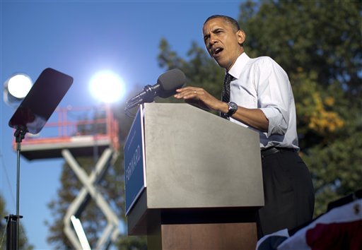 President Barack Obama speaks at a campaign event at The Ohio State University Oval, Tuesday, Oct. 9, 2012, in Columbus, Ohio. (AP Photo/Carolyn Kaster)