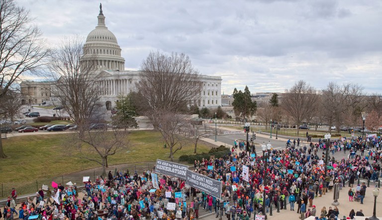 Anti-abortion demonstrators arrive on Capitol Hill in Washington during the March for Life, marking the anniversary of the 1973 Supreme Court decision legalizing abortion. (AP Photo/J. Scott Applewhite)