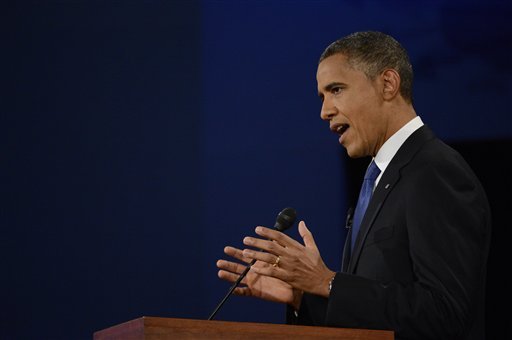 President Barack Obama speaks during the first presidential debate with Republican presidential nominee Mitt Romney at the University of Denver, Wednesday, Oct. 3, 2012, in Denver. (AP Photo/The Denver Post, John Leyba) MAGS OUT; TV OUT; INTERNET OUT