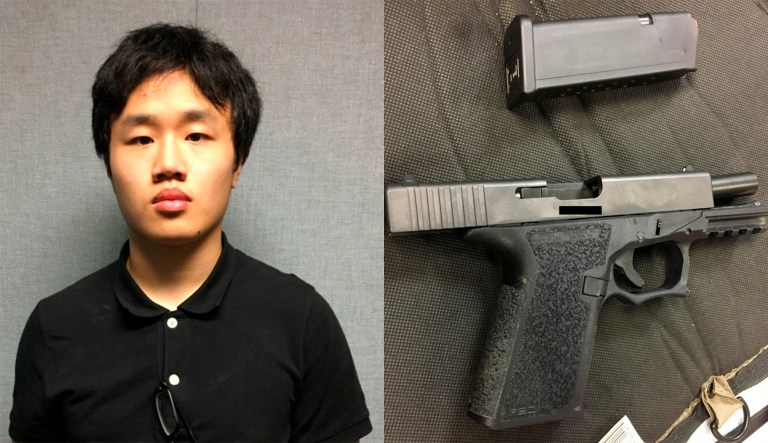 Clarksburg High School student Alwin Chen (pictured left) was arrested after a school resource officer found a loaded handgun in his backpack. Police later found an AR-15 style rifle, a shotgun, two handguns, ammunition, a tactical vest, a detonator for landmines, and a list of grievances against other students and the school. (Photos courtesy of Montgomery County, Md. Police Department)