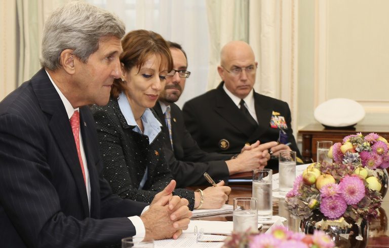 U.S. Secretary of State John Kerry, left, meets Syrian National Coalition President Ahmed al-Jarba at the U.S. Ambassador's residence in London on Tuesday. (AP/Alastair Grant)