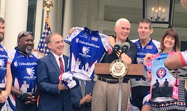 The group of bicyclists began its ride to Virginia Beach, Va., at the Pence's home in Washington. (Twitter)