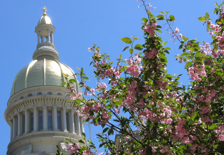 The gold dome of the New Jersey state capitol shines behind pink cherry blossoms in Trenton, N.J., Tuesday, May 5, 2004. (AP File)