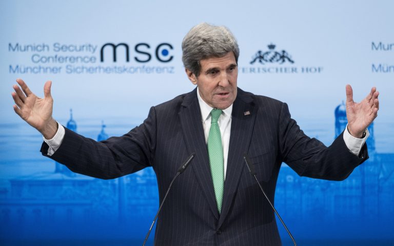 Secretary of State John Kerry speaks during the Munich Security Conference in Munich, Germany, on Saturday. (AP Photo/Brendan Smialowski ,Pool)