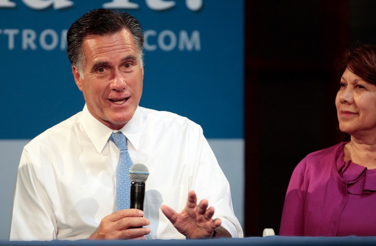 Republican presidential candidate, former Massachusetts Gov. Mitt Romney, accompanied by Beverly Oncology and Imaging CEO Ruth Lopez Novodor hosts a small-business roundtable during a campaign stop at Endural LLC, Monday, July 23, 2012, in Costa Mesa, Calif. (AP Photo/Jason Redmond)