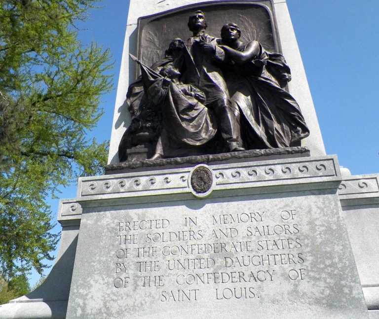 This Oct. 12, 2013 file photo shows a 32-foot granite monument honoring Confederate soldiers and sailors that has stood in St. Louis, Missouri's, Forest Park since 1914. St. Louis Mayor Francis Slay has scratched plans for a formal panel to decide whether the memorial should be moved out of the city's beloved park, instead calling on proposals from people or groups willing to perhaps offer up a public place for the landmark. (AP Photo/Jim Salter, File)
