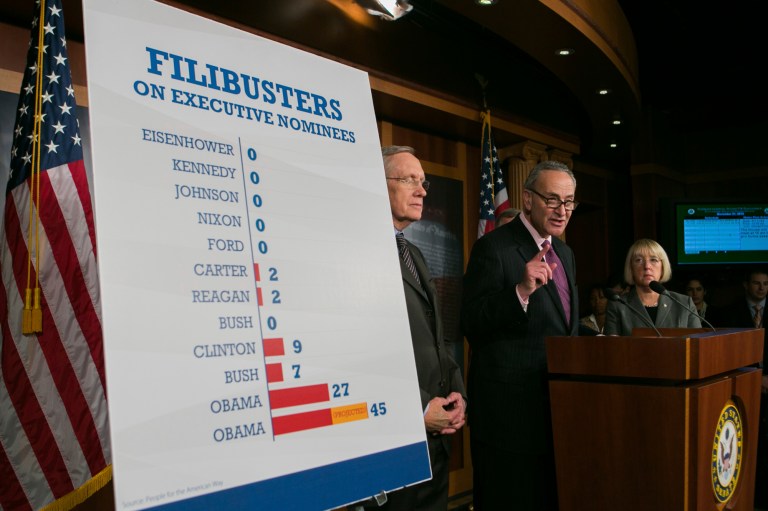Senate Majority Leaders Chuck Schumer, Harry Reid, Patty Murray, and Dick Durbin held a press conference on Thursday, after the Senate pushed through the nuclear option to change Senate rules that will eliminate most filibusters. (Graeme Jennings/Washington Examiner)