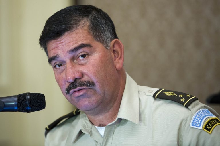 In this April 3, 2014 photo, Gen. Rudy Ortiz, the joint chiefs of staff, gives a press conference in Guatemala City. Interior Secretary Maurio Lopez says Gen. Rudy Ortiz died Wednesday, Aug. 20, 2014 along with four other military officials after their helicopter fell in a mountainous area of the province of Huehuetenango, near the border with Mexico. (AP Photo/Moises Castillo)