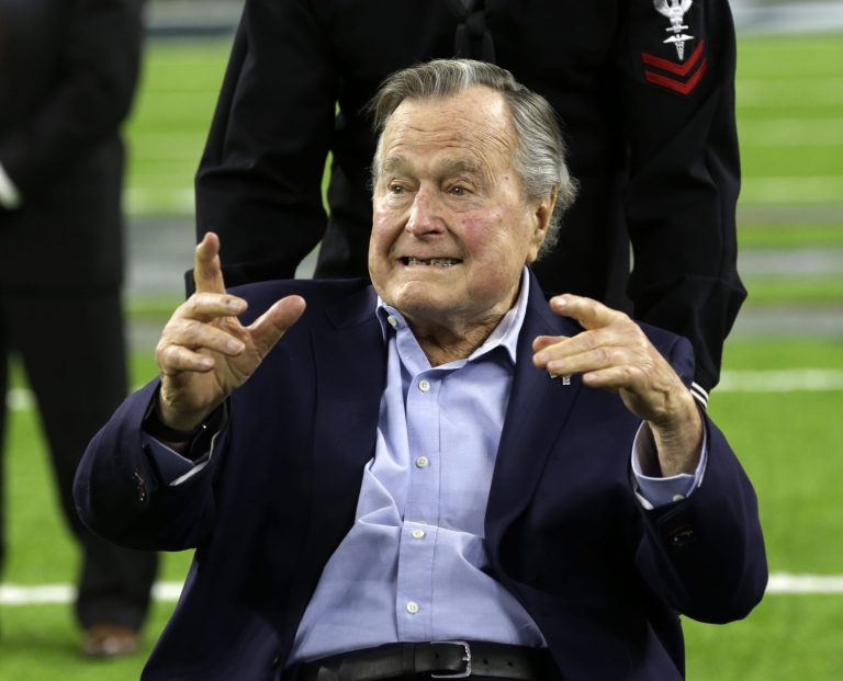 Former President George H.W. Bush is back in the hospital, his spokesman said Tuesday. (AP Photo/Eric Gay)