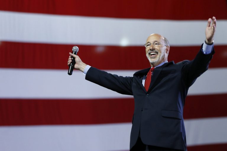 Pennsylvania Democratic gubernatorial nominee Tom Wolf gestures as he speaks to supporters during a primary election night watch party Tuesday, May 20, 2014, in York, Pa. (AP Photo/Matt Rourke)