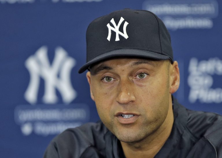 FILE - In this Feb. 19, 2014 file photo, New York Yankees shortstop Derek Jeter answers a question during a news conference in Tampa, Fla. Jeter, saluted at the All-Star game and making a long goodbye this season, finishes his baseball life this fall. (AP Photo/Chris O'Meara, File)