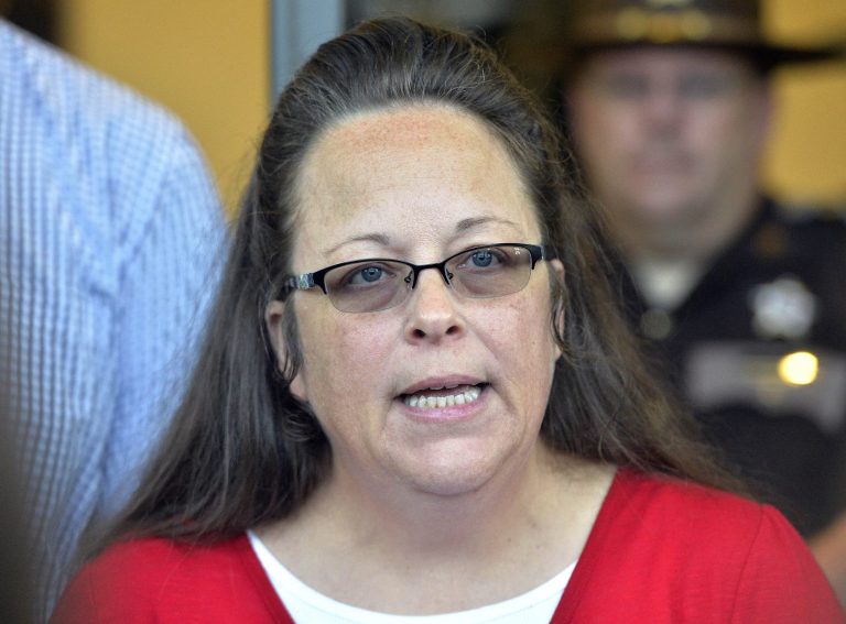 Rowan County Clerk Kim Davis refused to issue licenses to gay couples and served jail time for defying a court order that she do so. (AP Photo/Timothy D. Easley)