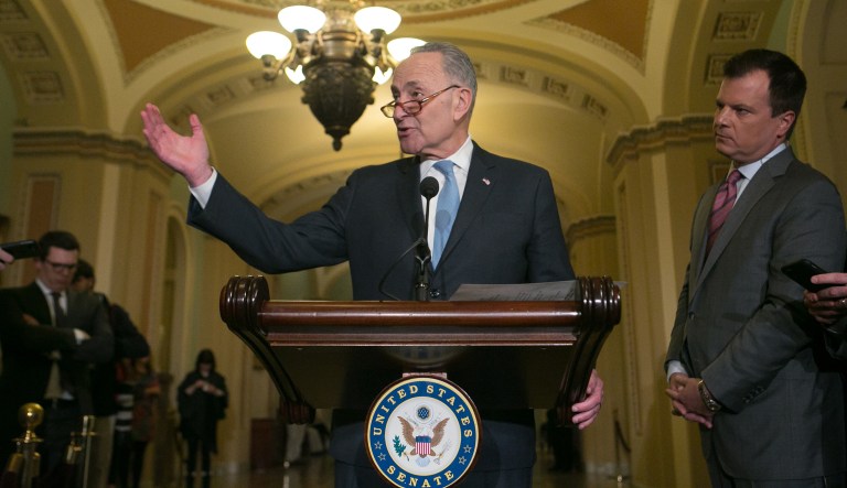 Sen. Chuck Schumer told reporters the "overwhelming" amount of Senate Democrats will not support this package, which funds the government until Feb. 16 and includes a six-year reauthorization for the Children's Health Insurance Program, which Democrats have called for since its expiration last fall. (Graeme Jennings/Examiner)