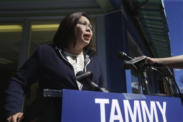 Rep. Tammy Duckworth's campaign blasted out a fundraising plea to supporters within minutes of Donald Trump's announcement. (AP Photo/Seth Perlman)