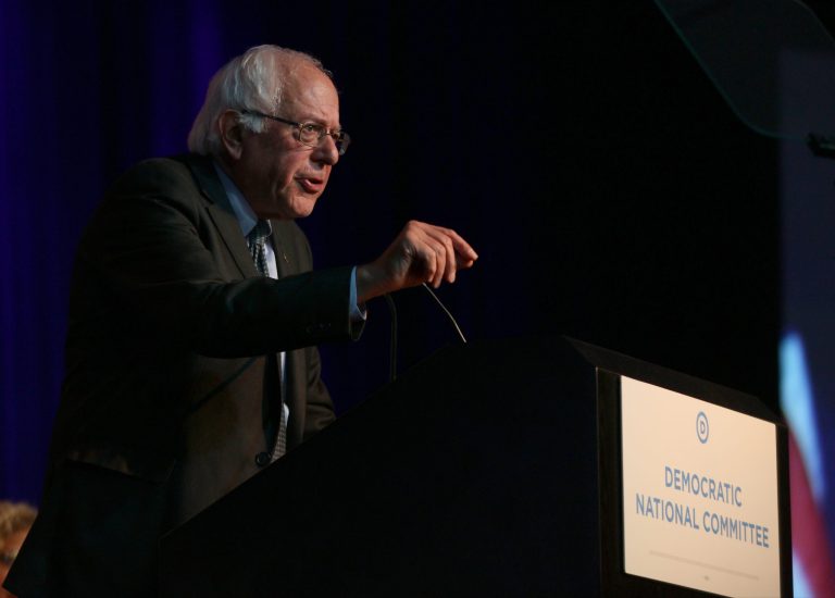Democratic presidential candidate Sen. Bernie Sanders speaks at the Democratic National Committee Summer Meeting on August 28, 2015 in Minneapolis. (Photo by Adam Bettcher/Getty Images)