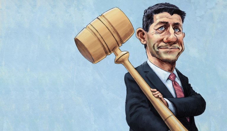 Throughout his two-plus years as speaker, Paul Ryan has been able to maintain a tenuous peace within the House Republican conference, a group of politicians with wildly divergent views and styles that proved unmanageable for Boehner and that might have been unable to settle on a leader if Ryan hadn't been drafted in 2015. (Illustration by Nate Beeler for the Washington Examiner)