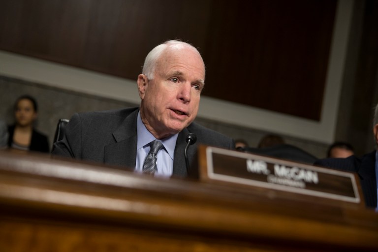 In this Feb. 9, 2016 file photo, Senate Armed Services Committee Chairman Sen. John McCain, R-Ariz., speaks on Capitol Hill in Washington.