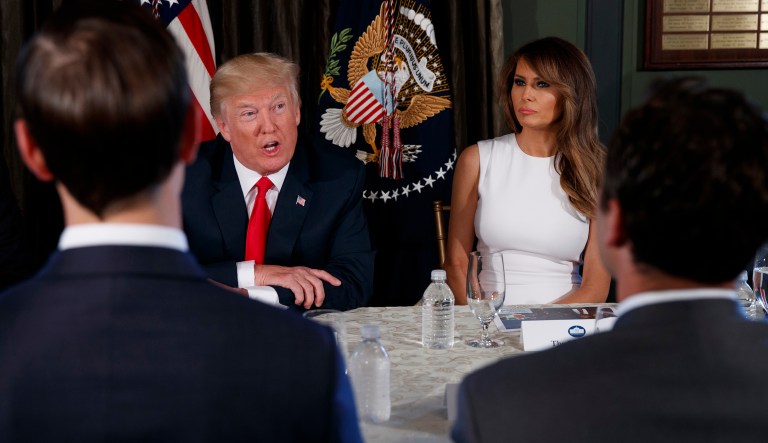 First lady Melania Trump encouraged President Trump to take a more aggressive approach to the opioid crisis during a briefing at Trump National Golf Club in Bedminster, N.J. (AP Photo/Evan Vucci)