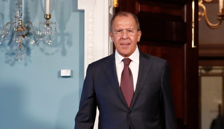 Russian Foreign Minister Sergey Lavrov reacted playfully at reporter questions about President Trump's firing of FBI Director James Comey. (AP Photo/Carolyn Kaster)