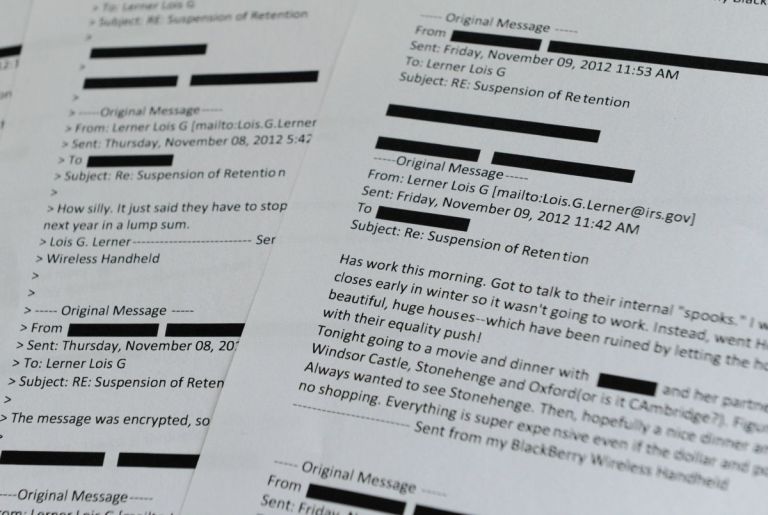 Lois Lerner emails obtained from the House Ways and Means Committee are displayed in Washington, Wednesday, July 30, 2014. (AP Photo)Â 