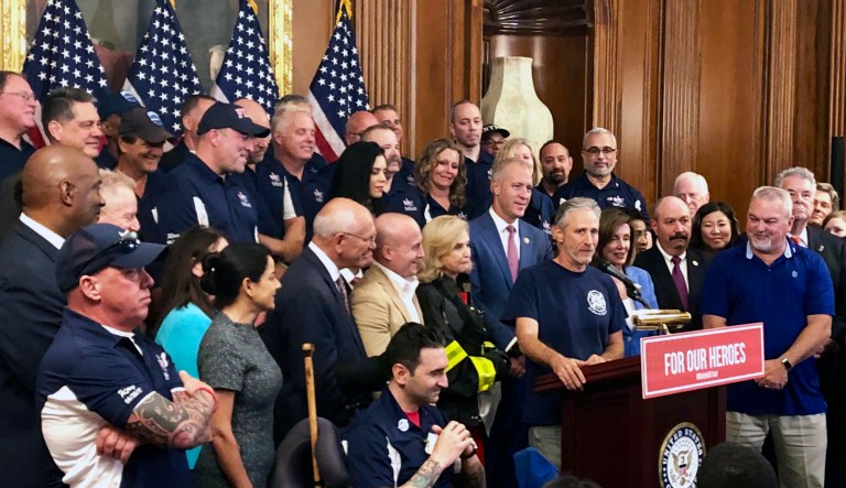 Entertainer and activist Jon Stewart, speaks at a news conference on behalf of 9/11 victims and families, Friday, July 12, 2019, at the Capitol in Washington. The House is expected to approve a bill Friday ensuring that a victims' compensation fund for the Sept. 11 attacks never runs out of money.