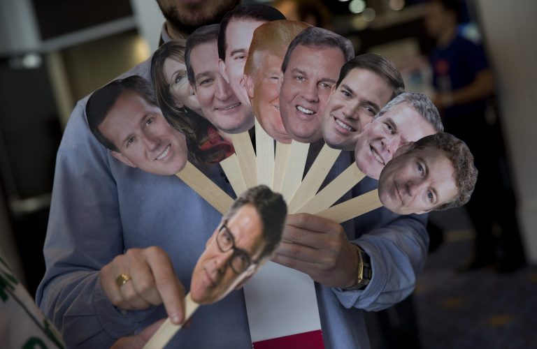 Possible Republican candidates, from left, former Pennsylvania Sen. Rick Santorum, former Alaska Gov. Sarah Palin, Sen. Ted Cruz, R-Texas, Wisconsin Gov. Scott Walker, Donald Trump, New Jersey Gov. Chris Christie, Sen. Marco Rubio, R-Fla., former Florida Gov. Jeb Bush, Sen. Rand Paul, R-Ky., and, former Texas Gov. Rick Perry. (AP Photo/Carolyn Kaster)
