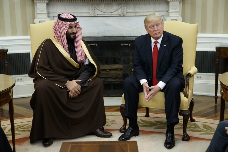 President Donald Trump meets with Saudi Defense Minister and Deputy Crown Prince Mohammed bin Salman bin Abdulaziz Al Saud in the Oval Office of the White House in Washington, Tuesday, March 14, 2017. Trump will stop in Saudi Arabia on his first foreign trip. (AP Photo/Evan Vucci)