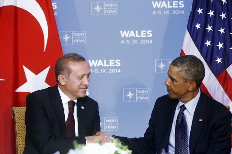 President Barack Obama and Turkish President Recep Tayyip Erdogan shake hands after they made statements to reporters at their meeting at the NATO summit at Celtic Manor, Newport, Wales, Friday, Sept. 5, 2014. (AP Photo/Charles Dharapak)