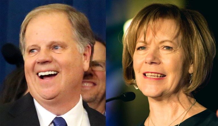 Two Democratic senators — Doug Jones of Alabama and Tina Smith of Minnesota — were sworn in on Wednesday. Vice President Mike Pence administered the oath of office at noon to both Jones and Smith. (AP Photos)