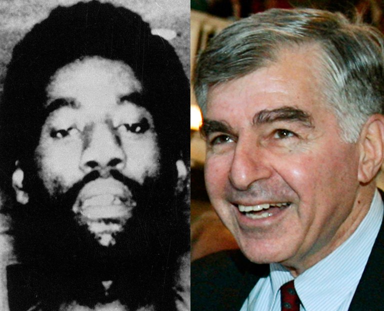 William Horton, left, a convicted killer who raped a woman and assaulted her fiance while on release as part of a prison furlough program supported by Michael Dukakis, right, when he was governor of Massachusetts. (AP Photos)