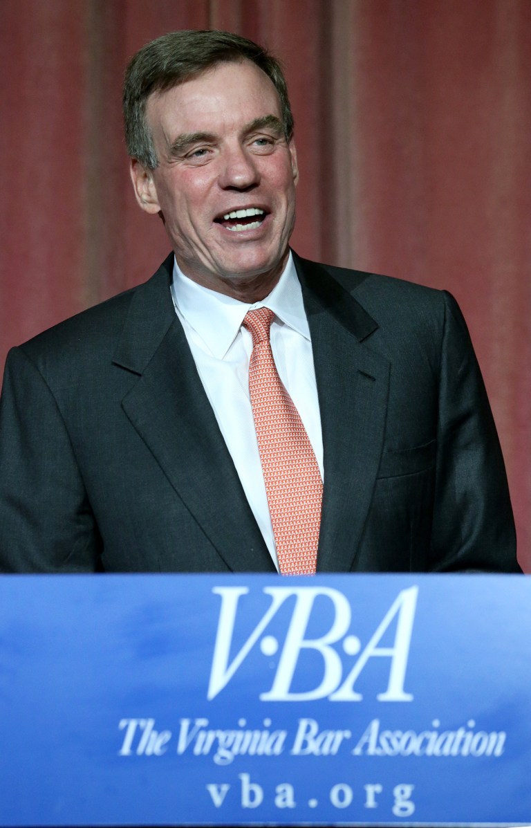 U.S. Sen. John Warner smiles while doing a microphone and lighting check before the start of his debate with Republican challenger Ed Gillespie at The Greenbrier in White Sulphhur Springs, W.V., Saturday, July 26, 2014.  (AP Photo/Richmond Times-Dispatch, Bob Brown)