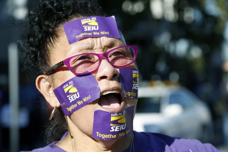 Service Employees International Union claims victory in California talks. (AP Photo/Nick Ut)