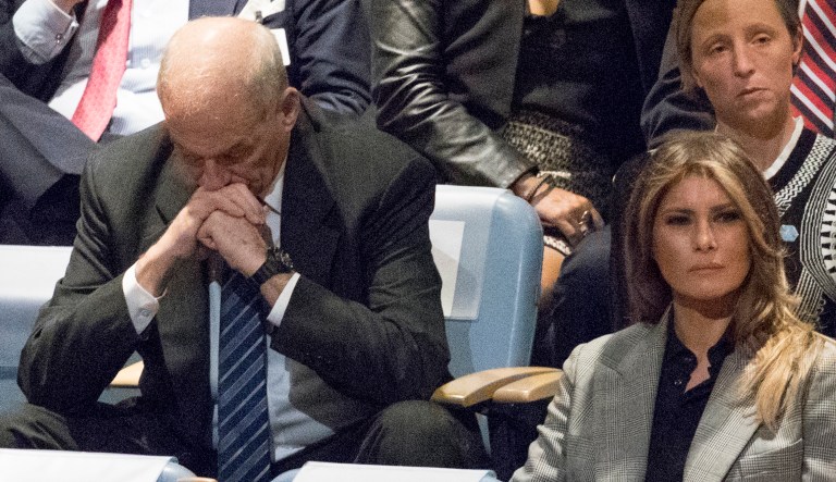White House Chief of Staff John Kelly, left, reacts as he and first lady Melania Trump listen to U.S. President Donald Trump speak during the 72nd session of the United Nations General Assembly at U.N. headquarters, Tuesday, Sept. 19, 2017. (AP Photo/Mary Altaffer)