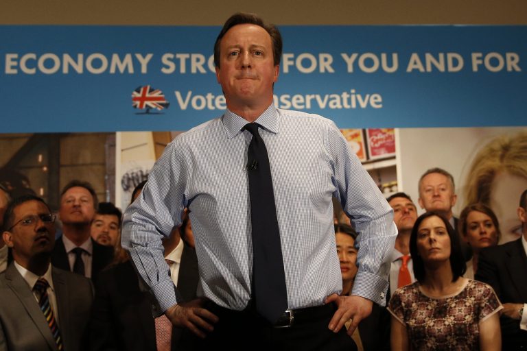 Britain's Prime Minister and leader of the Conservative Party, David Cameron, gives a speech during his general election campaign visit at the Institute of Chartered Accountants in London on Monday April 27, 2015. Britain goes to the polls on May 7 to elect a new parliament. (AP Photo)