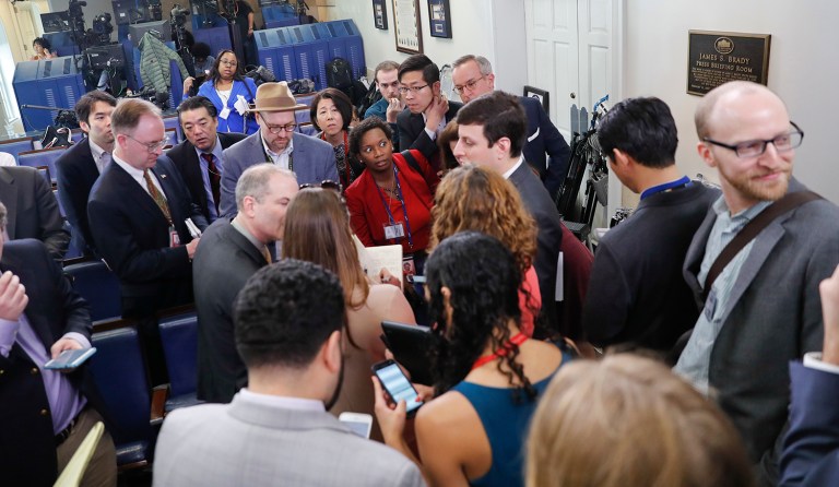 White House held an off-camera briefing in Spicer's office, where they selected who could attend. (AP Photo/Pablo Martinez Monsivais)
