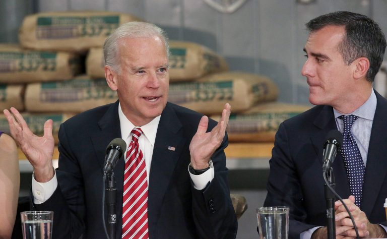 Vice President Joe Biden joins Los Angeles Mayor Eric Garcetti during a roundtable discussion with business leaders about the importance of raising the minimum wage in Los Angeles, Tuesday, Oct. 7, 2014. Biden is on a six-city swing that includes stops in Nevada, California, Oregon and Washington state. (AP PhotoNick Ut)